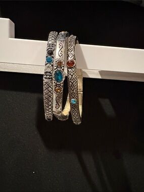 Silver-Tone Multi-Stone Bangle Bracelet Set - Blue & Amber Accents